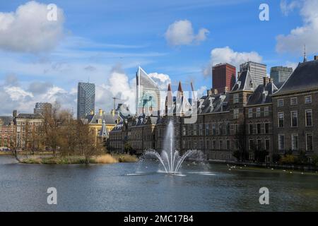 Binnenhof, seat of the Dutch Parliament, at the Hofvijver, Court Pond, in the background the modern skyline, The Hague, Holland, Netherlands Stock Photo