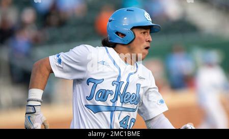 CHARLOTTE, NC - MAY 24: Angel Zarate (40) of the North Carolina Tar Heels  rounds third base towards home during the ACC Baseball Championship  Tournament between the between the North Carolina Tar