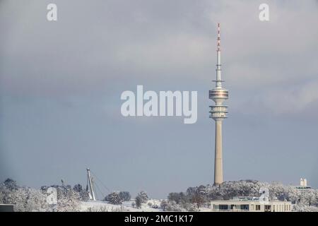 Olympic Park with Olympic Tower, snow-covered in winter, Munich, Bavaria, Upper Bavaria, Germany Stock Photo