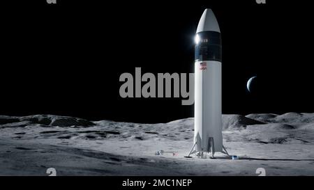 Artists illustration released on August 14, 2019 showing the SpaceX Starship HLS, or Starship Human Landing System (HLS), to be used for the Artemis III and Artemis IV missions to the Moon, as it sits on the lunar surface. Starship HLS is a lunar lander variant of the Starship spacecraft that will transfer astronauts from a lunar orbit to the surface of the Moon and back. It is being designed and built by SpaceX under contract to NASA as a critical element of NASA's Artemis program to land a crew on the Moon in the 2020s. Credit: SpaceX/NASA via CNP Stock Photo