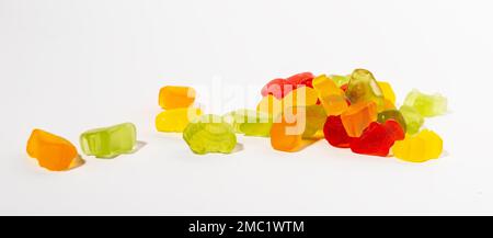 Jelly candies, gummy sweets. Colorful confectionery from gelatin. Fruit flavored, fruity sugar mix. High quality photo Stock Photo