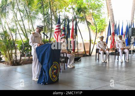 Rear Adm. Guido Valdes, Commander, Naval Medical Forces Pacific, delivers remarks at Navy Medicine Readiness and Training Command Pearl Harbor (NMRTC-PH) Change of Command and Retirement Ceremony on June 23, 2022 at the Hickam Officer's Club, Joint Base Pearl Harbor-Hickam, Hawaii. Capt. (Ret.) Christopher Tepera retired after 26 years of U.S. Naval service and relinquished command to Capt. Victor Diaz. Stock Photo