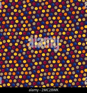 Watercolor confetti pattern with colorful dots on dark brown background. Seamless texture in blue, purple gold colors. Stock Photo