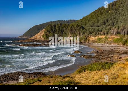 View of rocky coast from Strawberry Hill Wayside looking out on the Pacific Ocean on the Oregon Coast, USA Stock Photo