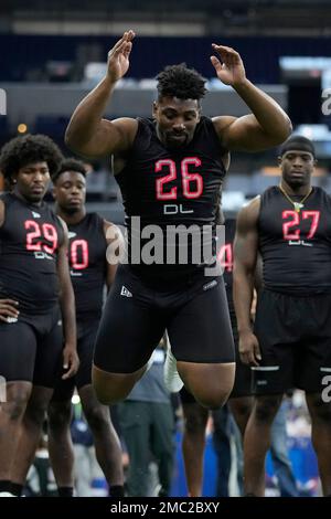 Thomas Booker #DL26 of Stanford runs a drill during the NFL Combine News  Photo - Getty Images