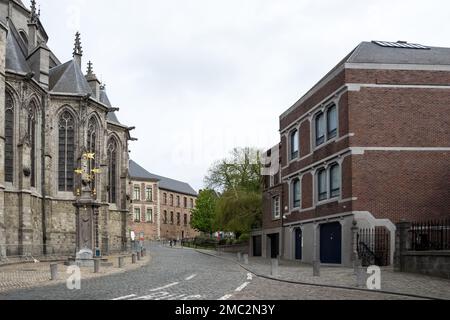 Architectural detail of the Saint Waltrude Collegiate Church, a Catholic parish church in Belgium, named in honor of the patroness of the city of Mons Stock Photo