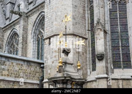 Architectural detail of the Saint Waltrude Collegiate Church, a Catholic parish church in Belgium, named in honor of the patroness of the city of Mons Stock Photo