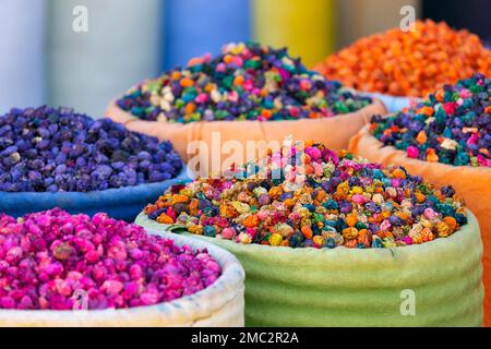 Street market in Marrakech, Morocco, Africa. Moroccan cuisine. Spices  and tea. Stock Photo