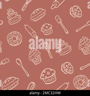 Seamless bakery background with various baked goods like cookies, muffins, cupcakes, cakes, donuts, rolling pins and spatulas. Stock Vector