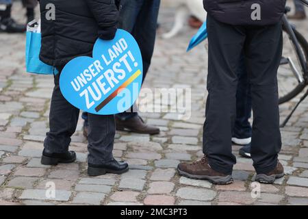 Berlin, Germany. 21st Jan, 2023. Banners reading 'Our country first' are displayed at an AfD election campaign event in front of Charlottenburg Palace. Credit: Joerg Carstensen/dpa/Alamy Live News Stock Photo
