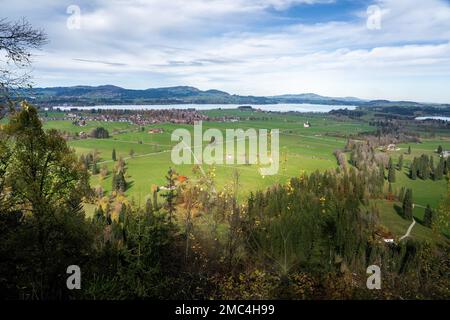 Aerial view of Schwangau valley with Forggensee Lake near Fussen - Schwangau, Bavaria, Germany Stock Photo