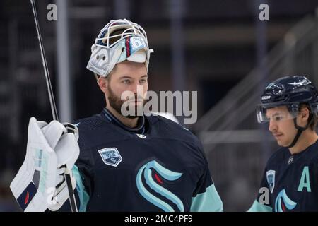 Seattle Kraken goalkeeper Chris Driedger is pictured before an NHL hockey  game against the Colorado Avalanche, Friday, Nov. 19, 2021, in Seattle. The  Avalanche won 7-3. (AP Photo/Stephen Brashear Stock Photo - Alamy