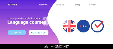 English course vector banner design illustration. English school concept education people digital web banner. Stock Vector