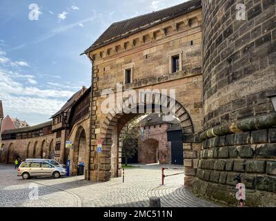 Ionic mediaeval city wall gate Spittlertor in Nuremberg, Germany Stock Photo
