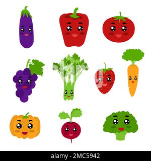 Fruitas and vegetables like kawaii characters. Fruits and vegetables are eggplant, bell pepper, tomato, grape, celery, parsley, strawberry, carrot Stock Vector