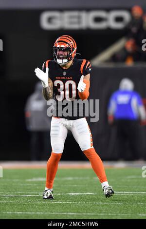 Inglewood, United States. 13th Feb, 2022. Sunday, February 13, 2022, 2022;  Inglewood, CA USA; Cincinnati Bengals free safety Jessie Bates (30)  celebrates with cornerbacks Jalen Davis (35), Trae Waynes (26) Eli Apple (