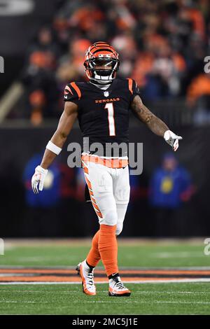 Cincinnati Bengals wide receiver Tee Higgins (85) lines up for the play  during an NFL wild-card football game against the Baltimore Ravens on  Sunday, Jan. 15, 2023, in Cincinnati. (AP Photo/Emilee Chinn