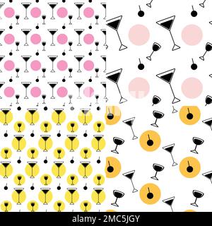 Set of 4 abstract endless patterns of black and white set of vector icons in the form of glasses and spots in trendy colors. Isolate. Suitable for cafes, bar and restaurant. Good for backdrop, label Stock Vector
