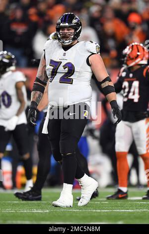 Baltimore Ravens guard Ben Powers (72) in action during the first