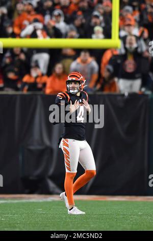 Cincinnati Bengals punter Drue Chrisman (4) warms up on the sideline during  an NFL preseason football game against the New York Giants, Sunday, Aug.  21, 2022 in East Rutherford, N.J. The Giants