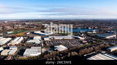 DONCASTER, UK - JANUARY 20, 2023. Aerial view of the Lakeside Village shopping centre and Doncaster Rovers Football Club Eco Power stadium Stock Photo