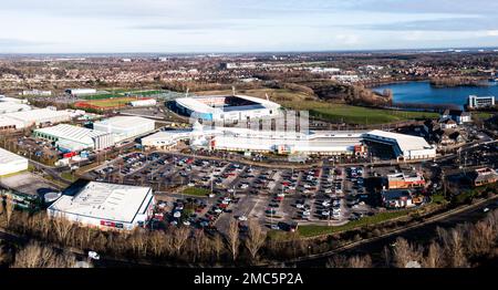 DONCASTER, UK - JANUARY 20, 2023. Aerial view of the Lakeside Village shopping centre and Doncaster Rovers Football Club Eco Power stadium Stock Photo