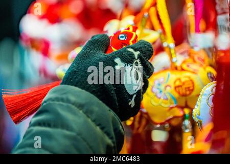 London, UK. 21st Jan, 2023. Shops sell 'lucky' rabbit gifts, most of which dont look like rabbits - . Chinese New Year Celebrations return (after covid) for 2023, the Year of the Rabbit, start in Chinatown, London. Credit: Guy Bell/Alamy Live News Stock Photo