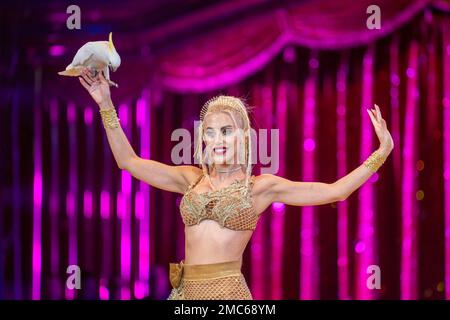 NO TABLOIDS: Elisa Cussadie performs during the 45th International Circus Festival of Monte-Carlo, on January 20, 2023 in Monte-Carlo, Monaco. Photo by Olivier Anrigo/Pool/ABACAPRESS.COM Stock Photo