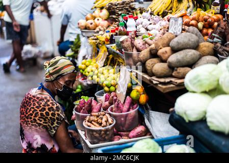 Varieties of fruits and vegetables stacked and ready for sale. Organic concept. Stock Photo