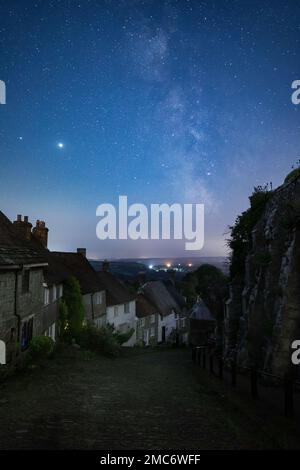 Gold Hill at night, Shaftesbury, Dorset, England, UK Stock Photo