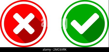 Yes and No or Right and Wrong or Approved and Declined Icons with Check Mark and X Signs with 3D Shadow Effect in Green and Red Circles. Vector Image. Stock Vector