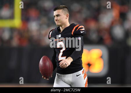 Cincinnati Bengals place kicker Evan McPherson (2) runs for the play during  an NFL wild-card football game against the Baltimore Ravens on Sunday, Jan.  15, 2023, in Cincinnati. (AP Photo/Emilee Chinn Stock