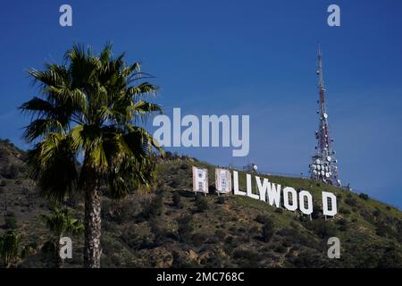 Workers transform the Hollywood sign to read Rams House in Los Angeles on  Monday, Feb. 14, 2022. The Hollywood Chamber of Commerce and the Hollywood  Sign Trust allowed for making the change