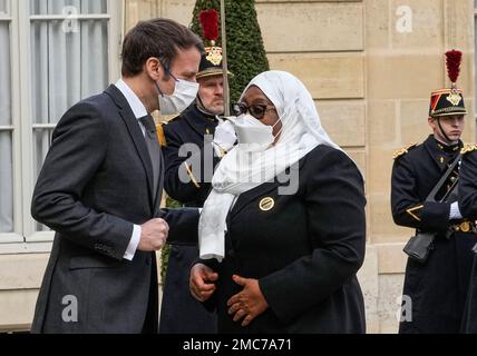 French President Emmanuel Macron welcomes Tanzania's President Samia Suluhu for bilateral talks at the Elysee Palace in Paris, Monday, Feb. 14, 2022. (AP Photo/Michel Euler)