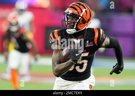 Cincinnati Bengals' Tee Higgins catches a ball practice Thursday, Feb. 10,  2022, in Los Angeles. The Bengals face the Los Angeles Rams in Super Bowl  LVI on Sunday, Feb. 13, 2022. (AP