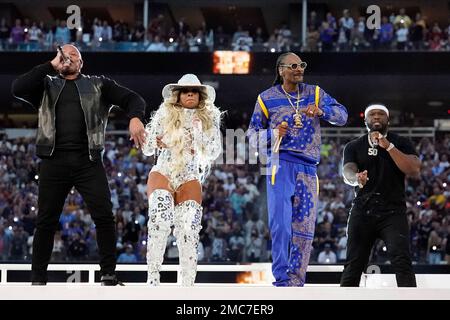 Dr. Dre, 50 Cent, Mary J. Blige and Snoop Dogg perform during the Super Bowl  LVI Halftime Show at SoFi Stadium in Los Angeles, CA on Feb. 13, 2022.  (Photo by Image