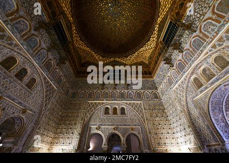 Seville, Spain - Dec 8, 2021: The Royal Alcazar of Seville in Spain. It is the oldest royal palace still in use in Europe. Stock Photo