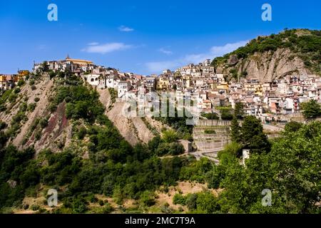 View of the houses of the small town of Motta Camastra, perched on a hill. Stock Photo