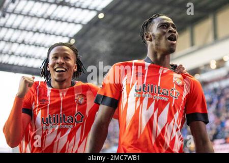 Elijah Adebayo #11 of Luton town celebrates his goal during the Sky Bet Championship match between Wigan Athletic and Luton Town at the DW Stadium, Wigan on Saturday 21st January 2023. (Credit: Mike Morese | MI News) Credit: MI News & Sport /Alamy Live News Stock Photo