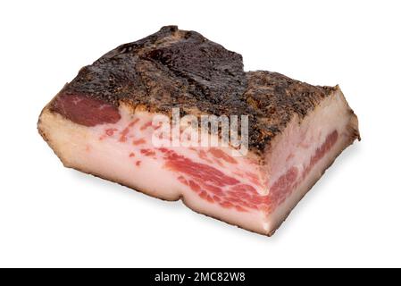 Guanciale Pork Jowl isolated on white, it is a cured meat prepared with a cut of pork cheek meat. Ingredient for pasta amatriciana and carbonara - Cli Stock Photo