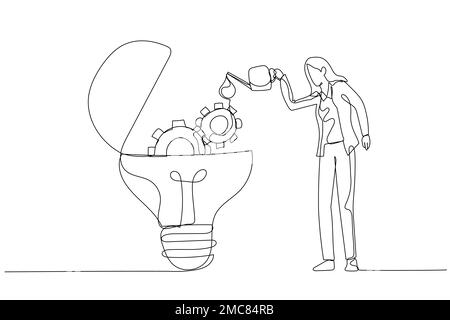 Cartoon of businesswoman drop oil lubricant into idea lightbulb lamp with mechanical gears. Single continuous line art style Stock Vector