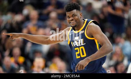 Utah Jazz center Udoka Azubuike (20) blocks a shot from New Orleans  Pelicans guard Kira Lewis Jr., right, in the second half during an NBA  basketball game Tuesday, Dec. 13, 2022, in