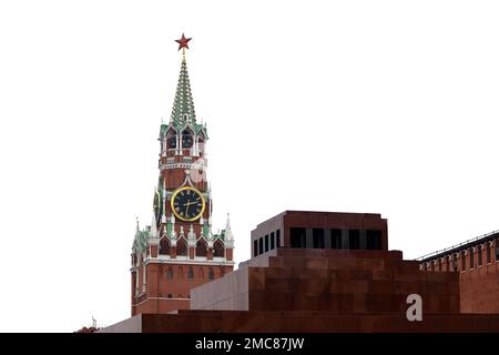 Red square in Moscow, Kremlin tower and Lenin Mausoleum on overcast sky background, russian landmarks Stock Photo