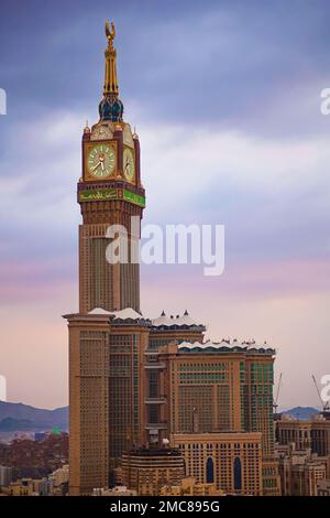 Mecca , Saudi Arabia 13 Jan 2023: Zam zam Tower or Clock Tower - Abraj Al Bait - Masjid Al Haram Stock Photo