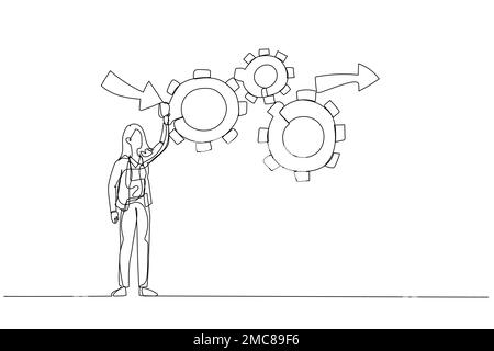 Cartoon of businesswoman make cogwheels work effective and efficient for best result concept of workflow management. Single continuous line art style Stock Vector