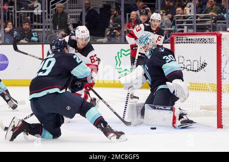 Seattle Kraken goaltender Martin Jones makes a save on a shot by Chicago  Blackhawks' Max Domi during the first period of an NHL hockey game  Saturday, Jan. 14, 2023, in Chicago. (AP