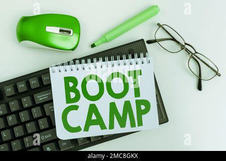 Text caption presenting Boot Camp. Business showcase Military training camp for new recruits Harsh discipline Fitness Stock Photo