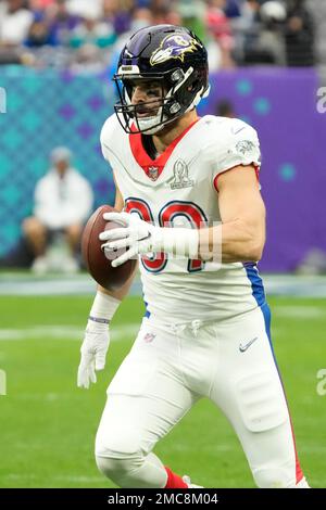 Las Vegas, Nevada, USA. 6th Feb, 2022. Baltimore Ravens tight end Mark  Andrews (89) celebrates his touchdown with Buffalo Bills wide receiver  Stefon Diggs (14) during the NFL Pro Bowl game at