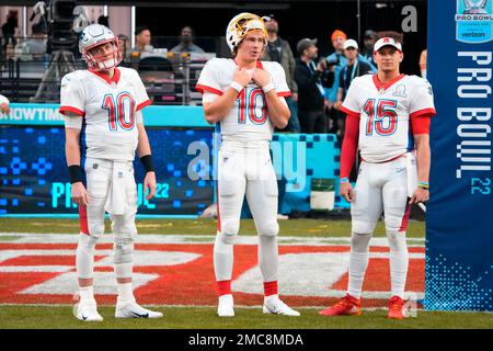 AFC quarterback's Mac Jones of the New England Patriots (10), left, Justin  Herbert of the Los Angeles Chargers (10), and Patrick Mahomes of the Kansas  City Chiefs (15) during the first half of the Pro Bowl NFL football game,  Sunday, Feb. 6, 2022, in La
