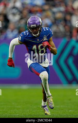 Justin Jefferson poses before attempting a one-handed catch for the NFL  Skills Challenge, Best Catch at the Paris Hotel and Casino, Wednesday, Feb.  1, 2023, in Las Vegas. (Steve Luciano/AP Images for